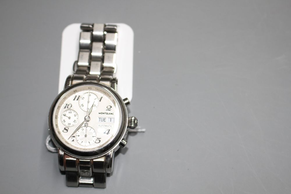 A gentlemans 2002 stainless steel Mont Blanc automatic chronograph wrist watch, with receipt and booklet.